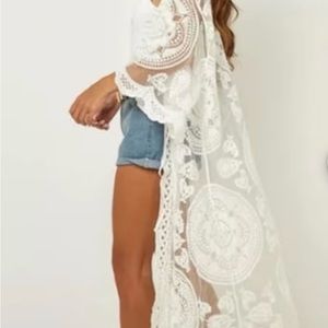 Cream Scalloped Sheer mesh Lace Maxi Duster boho kimono Coverup Wrap Women Large